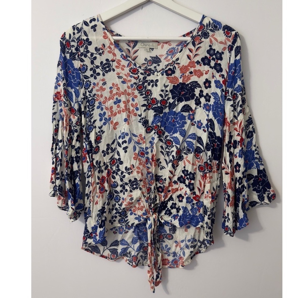 Chenault Floral‎ Tie-Front Blouse Womens M Bell Sleeve Boho Floral Summer